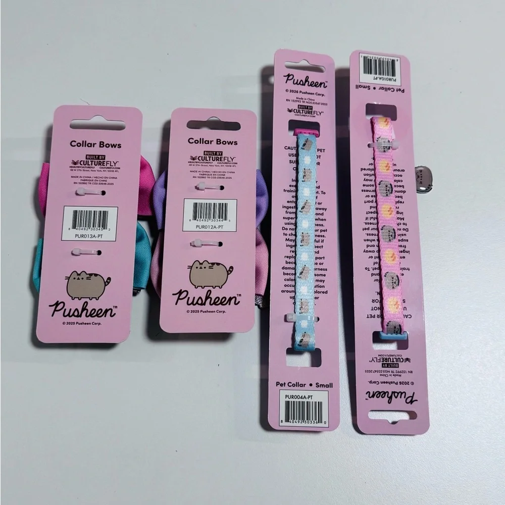 Pusheen Cat Harness Leash Set + 2 Cat Collars + 4 Collar Bows Bundle Small